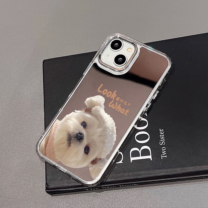 IPHONE Casing Ponsel Cermin Anjing Lucu Kompatibel Untuk Iphone11 12 13 14 12Pro 13Pro 14Pro Pro Max XR X XS Max Electroplating Tombol Perlindungan Mirror Cover