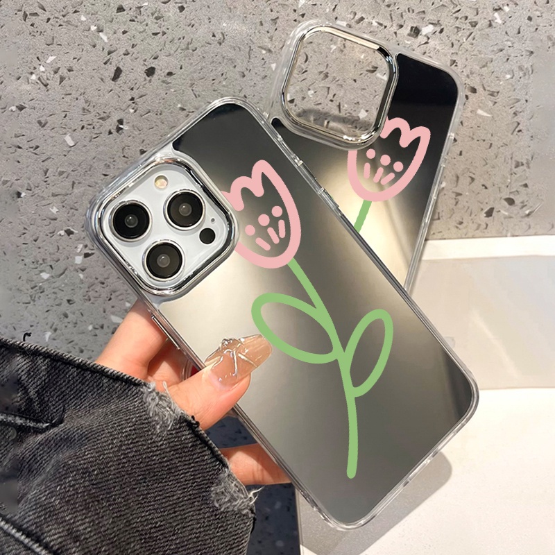 IPHONE Casing Ponsel Cermin Graffiti Tulip Kompatibel Untuk Iphone11 12 13 14 12Pro 13Pro 14Pro Pro Max XR X XS Max Electroplating Tombol Perlindungan Mirror Cover