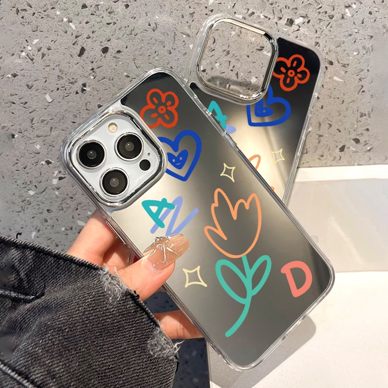 IPHONE Casing Ponsel Cermin Graffiti Kompatibel Untuk Iphone11 12 13 14 12Pro 13Pro 14Pro Pro Max XR X XS Max Electroplating Tombol Perlindungan Mirror Cover