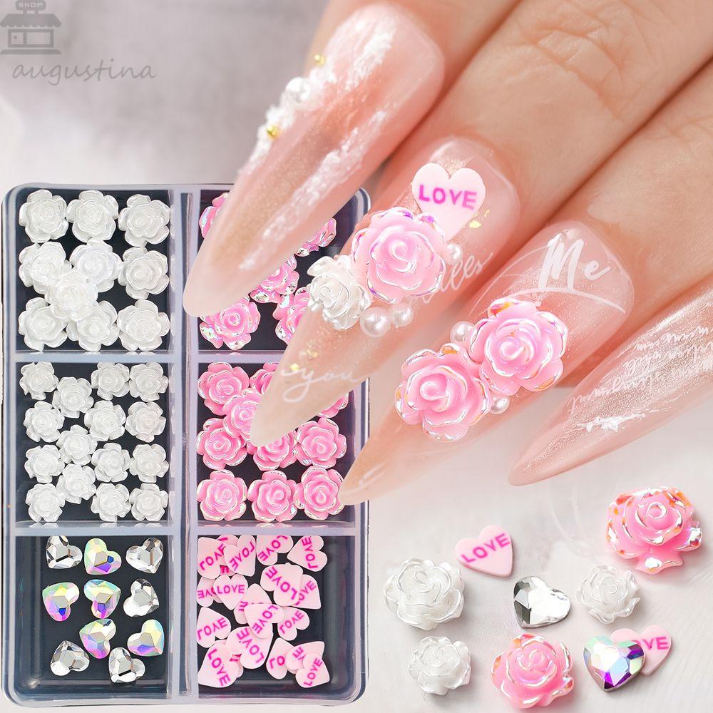 AUGUSTINA Augustina Camellia Nail Charms Aurora Cinta Hati Warna-Warni Kerajinan Resin DIY Ornamen Kristal Kuku Berlian Imitasi