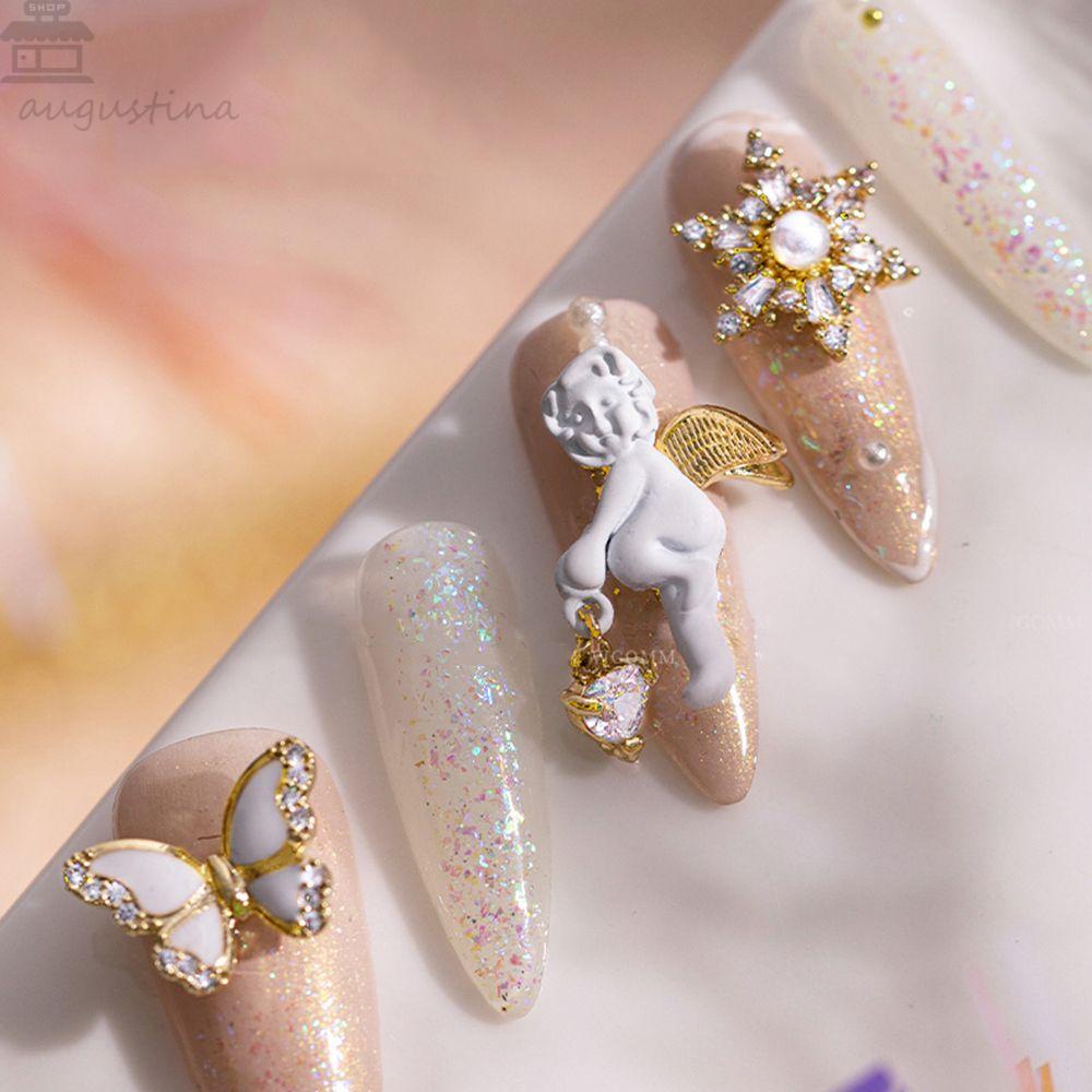 AUGUSTINA Agustina Zirkon Dekorasi Nail Art Hati Liontin Pink Putih Wanita Cupid Sudut Kuku Kristal Baroque 3D Perhiasan Kuku