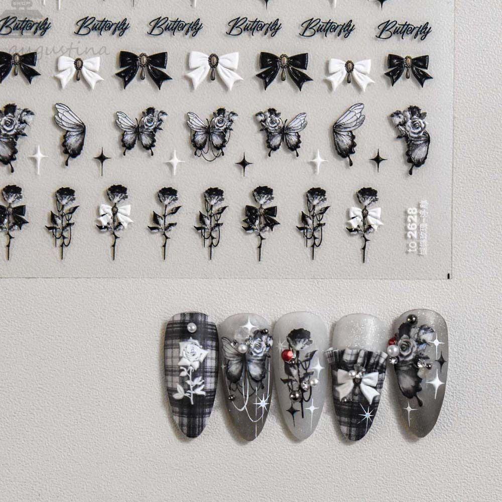 AUGUSTINA Agustina Stiker Kuku Kupu-Kupu Fashion 5D Relief Manicure Aksesoris Rose Nail Art Dekorasi