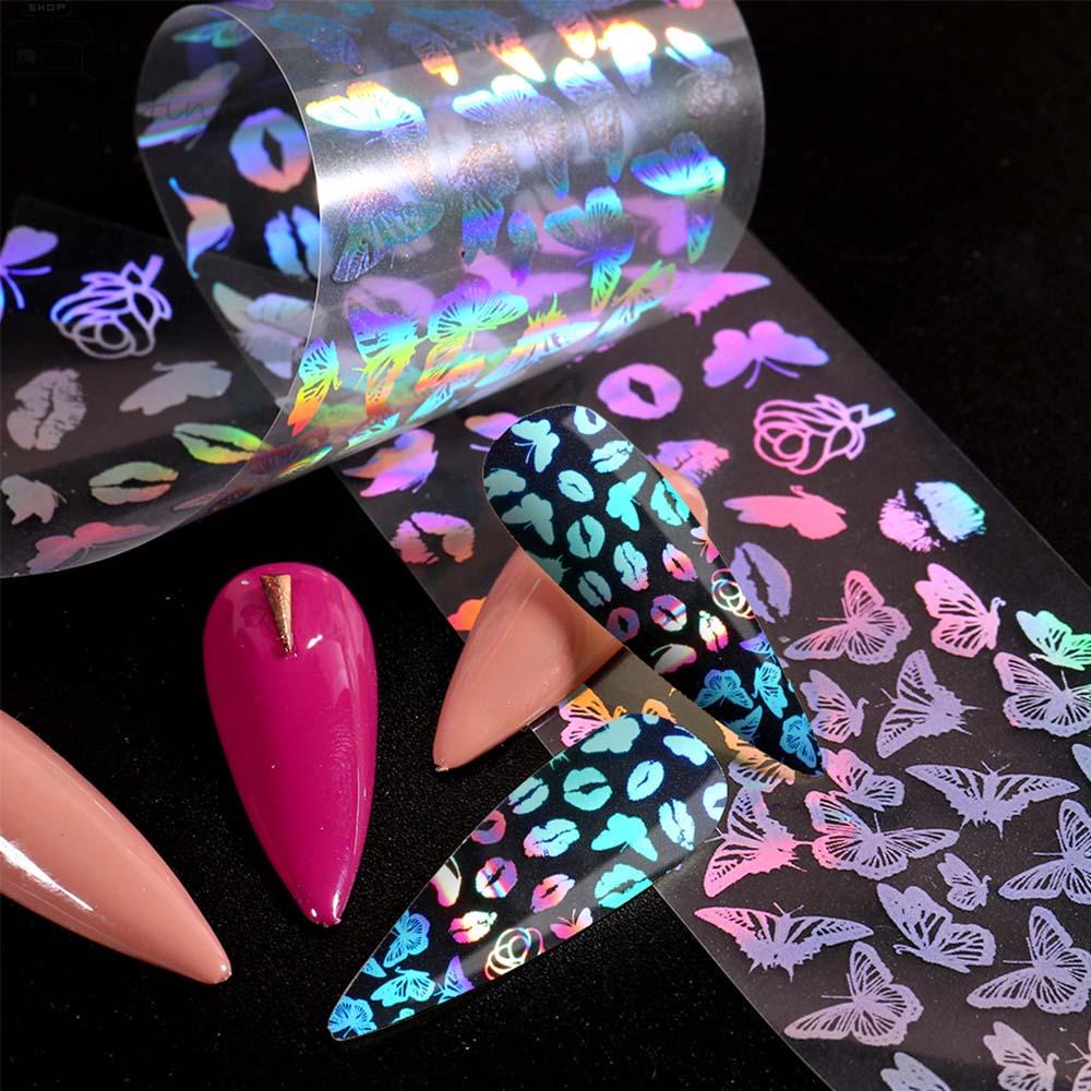 AUGUSTINA Agustinina Set Foil Transfer Kuku Langit Berbintang Laser Maple Daun Kupu-Kupu Hologram DIY Desain Nail Art