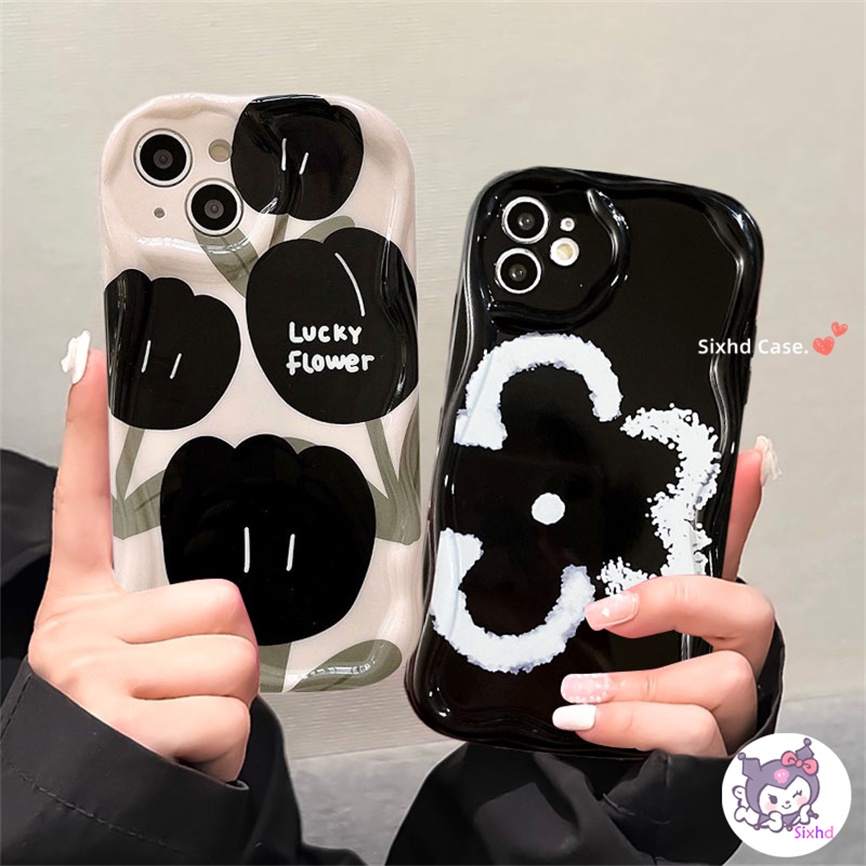 IPHONE Kompatibel Untuk Iphone14 13 12 11 Pro Max SE2020 X Xr Xs Max8 7 6 6s Plus Fashion Tulip Hitam Pasangan 3D Tepi Melengkung Gelombang Glossy Shockproof Phone Case Soft Cover