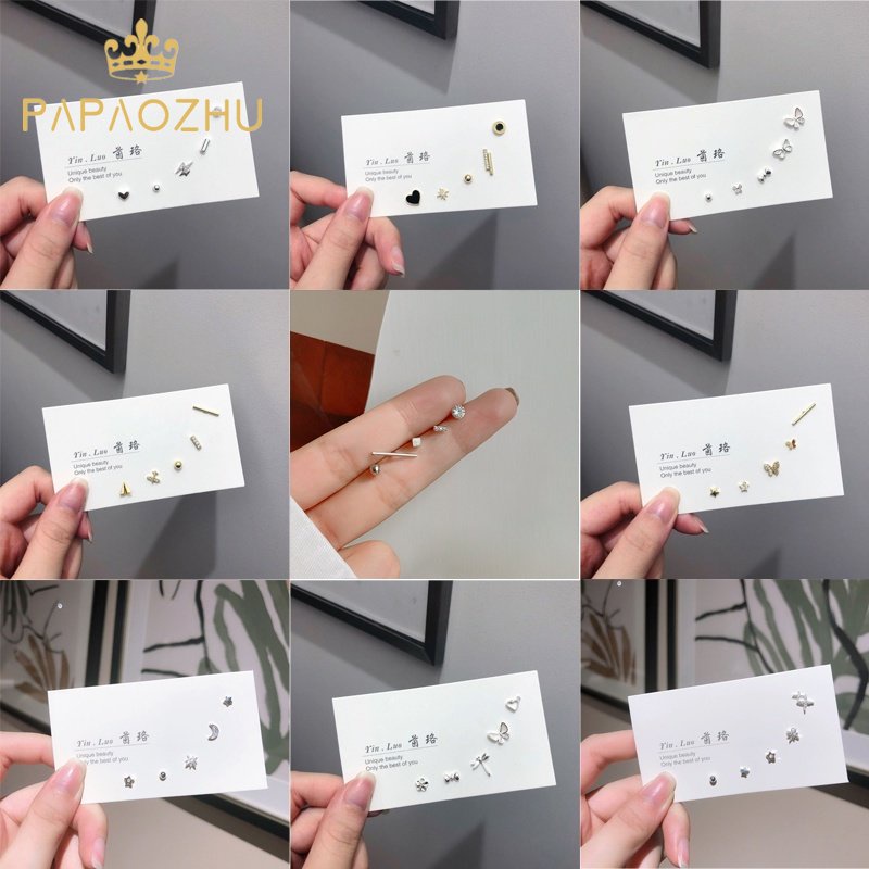 Papaozhu 5PCs S925 Perak Geometris CZ Zirkon Mutiara Stud Anting Set Untuk Wanita Perempuan Perhiasan Telinga Harian