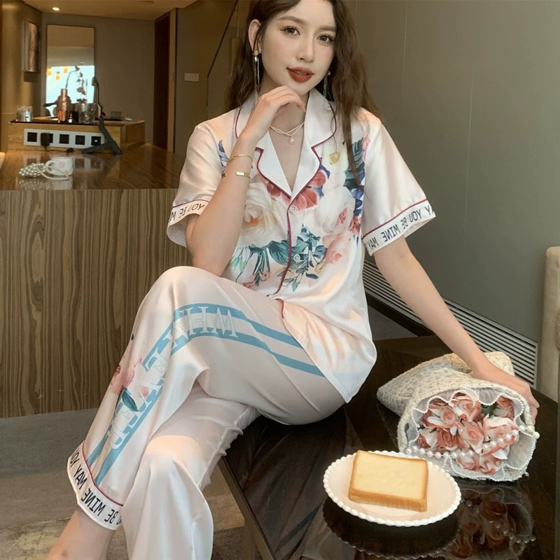 2023 Sutra ice cetak Korea tipis baru longsel panjang -lengan panjang -lengan panjang setelan piyama wanita lengan panjang