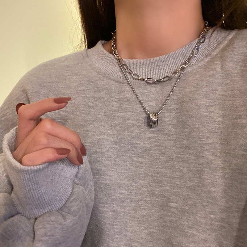 Hip Hop Double Layer Kalung Rantai Manik Bulat Perempuan Baru ins Trendi High-End Cahaya Mewah Niche Cincin Klavikula Rantai