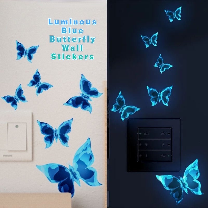 Self-adhesive Switch Decor Art Decal/Tahan Air Ruang Tamu Kamar Tidur Dinding Aplikasi/Bercahaya Biru Kupu-Kupu DIY Wallpaper/Romantis Glow In The Dark Butterfly Stiker Dinding/