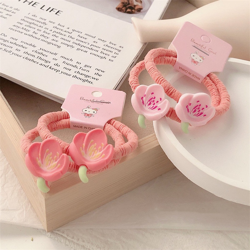 Ahellogir Pink Peach Blossom Ikat Rambut~Dua Bungkus Gadis Manis Jantung Bunga Sakura Tali Rambut Kecil Segar Aksesoris Rambut Ponytail Karet Gelang