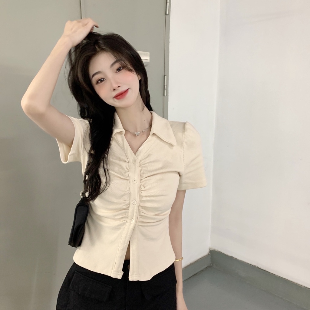 Atasan Korean Style Wanita V Lengan Pendek Premium Crop Top