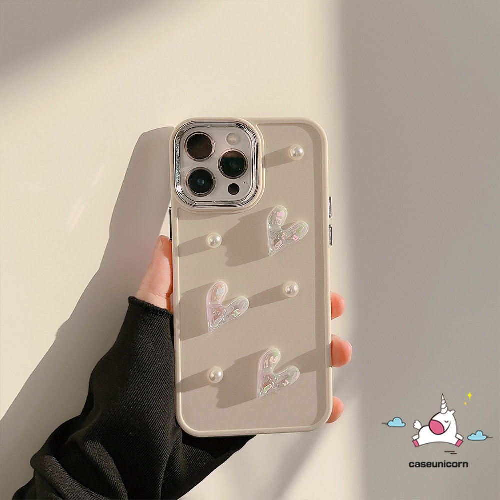 Luxury Romantic 3D Pearl Love Heart Electroplate Case Compatible for IPhone 7plus 8plus XR X 11 13 14 12 Pro Max 7 8 14 Plus XS MAX Shockproof Simple Solid Color Plating Soft Case