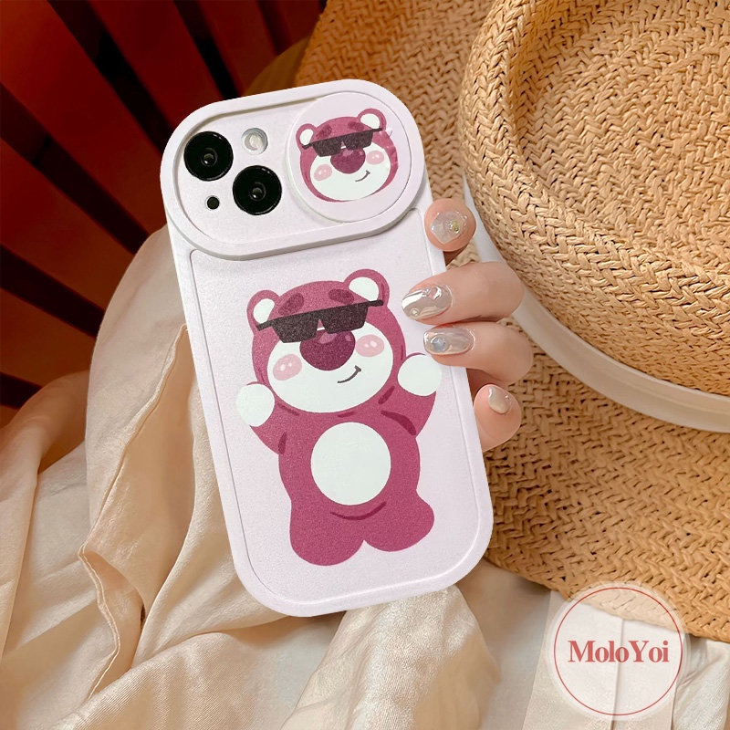 Cartoon Disney Strawberry Bear Lotso Push Pull Window Case Compatible for iPhone XR XS X Max 8Plus 7Plus 11 13 12 Pro Max Camera Lens Protector Cute Mickey Mouse Couple Phone Cover