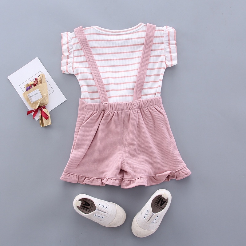 Setelan Set 2in1 Overall Anak Bayi Perempuan Kodok Garis Strip Pendek Import Cewek