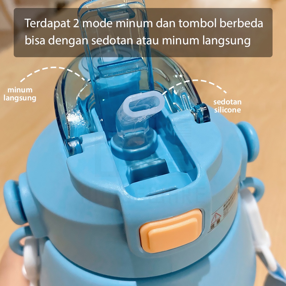 HUGO Botol Minum Anak 2 Mode Minum Botol Air Minum 1100 ml dengan Sedotan dan Tali Strap