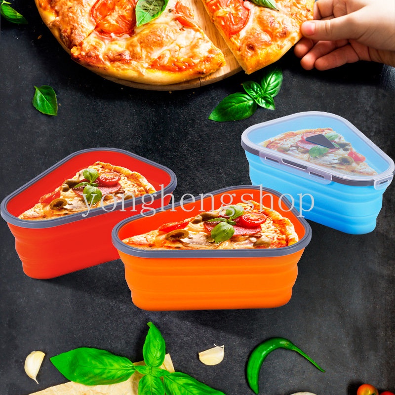 Portable Silicone Reusable Pizza Packing Box Wadah Irisan Pizza Segitiga Dapat Dilipat Dengan 5nampan Saji Microwavable Lunch Bento Box Penyimpanan Makanan Dapur