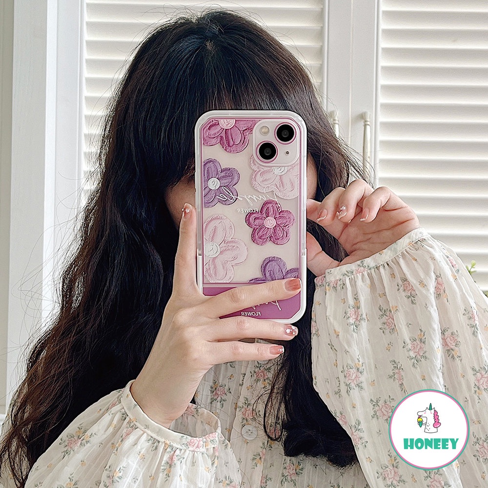 Ins Ungu Floral Invisible Bracket Phone Case Kompatibel Untuk Iphone14 13 12 11 Pro Max Casing iPhone 11xr XS 7 8Plus Lembut TPU Shockproof Back Cover