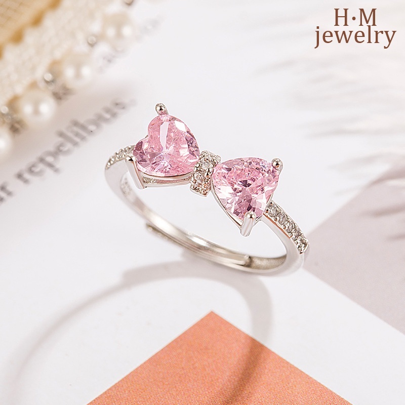Fashion High Sense Pink Diamond Bow Ring Pink Loving Heart with Opening Ring Adjustable