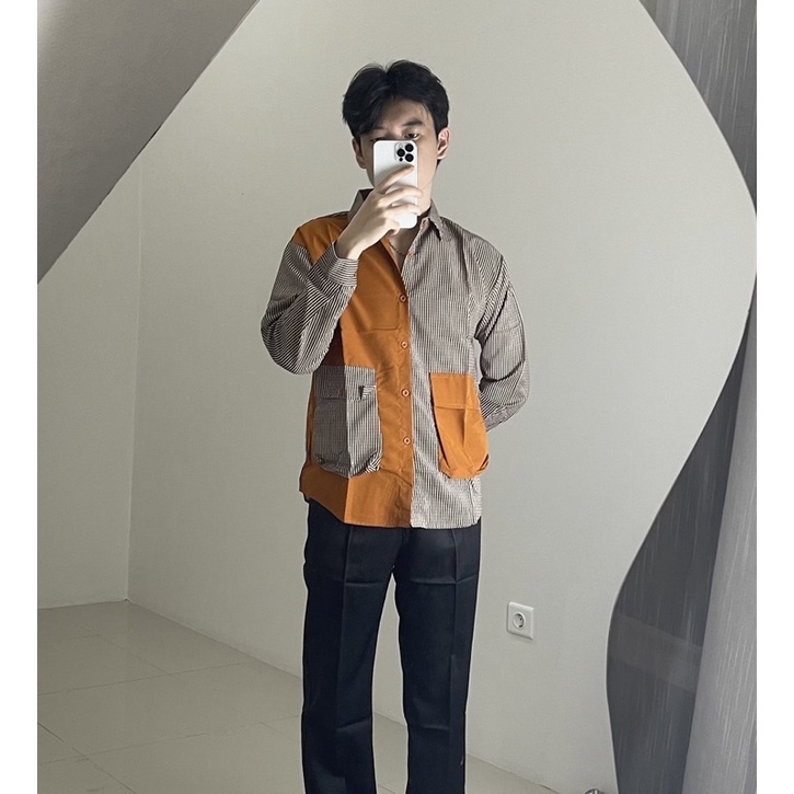 Long Sleeve Half Plaid Outer Shirt Casual Korean Style Trendy Casual Regular Fit in Brown Colour - K