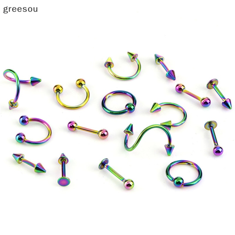 Greesou 16PCS /Set Cincin Bar Lidah Perut Spiral Stainless Steel Perhiasan Alis ID