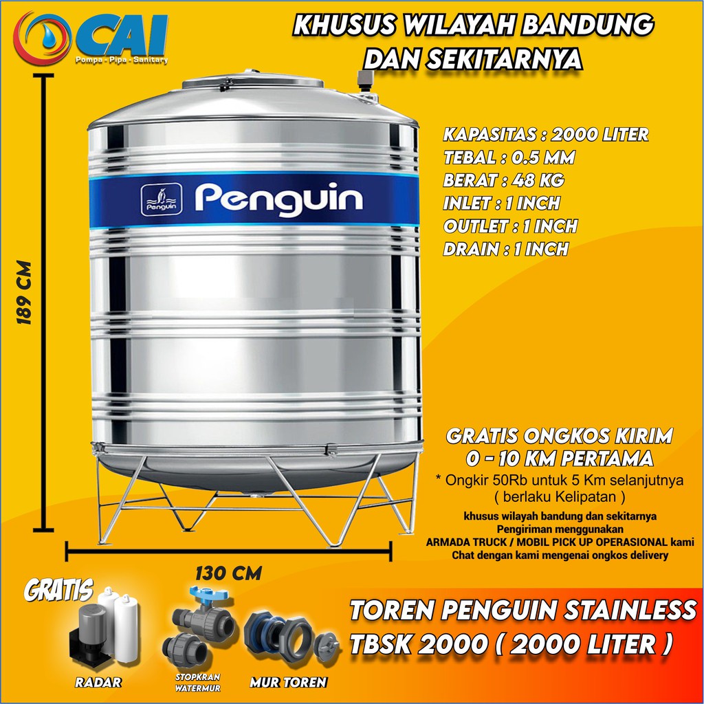 TOREN TANGKI AIR - PENGUIN - TBSK2000 - 2000 LITER - STAINLESS