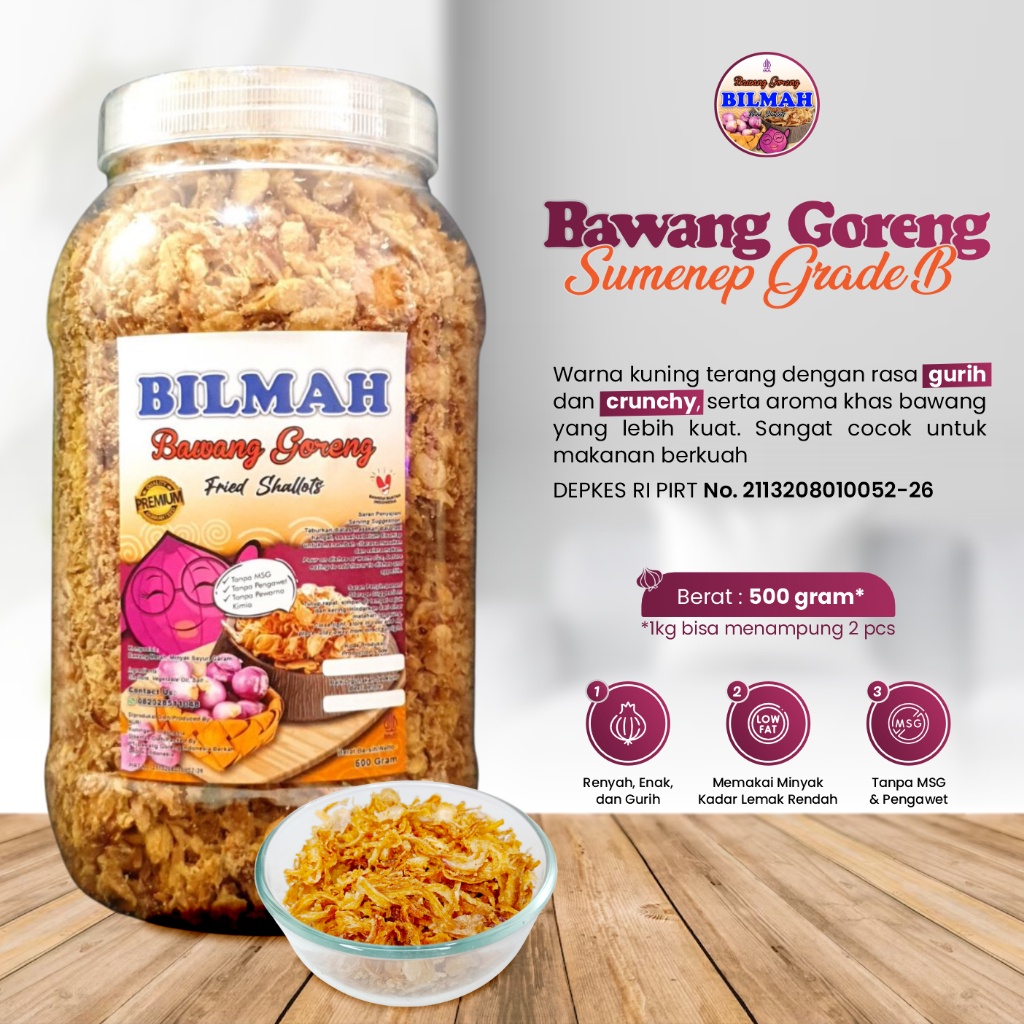 

Bilmah Bawang Goreng Asli Sumenep Grade B Kemasan Toples 500 Gram