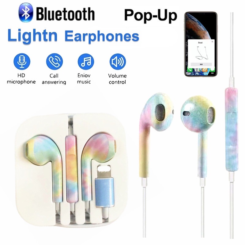 Earphone Kabel Bluetooth Pop-up Stereo Earbud Olahraga Musik Lukis Headphone 8pin Dengan Mikrofon Untuk iPhone