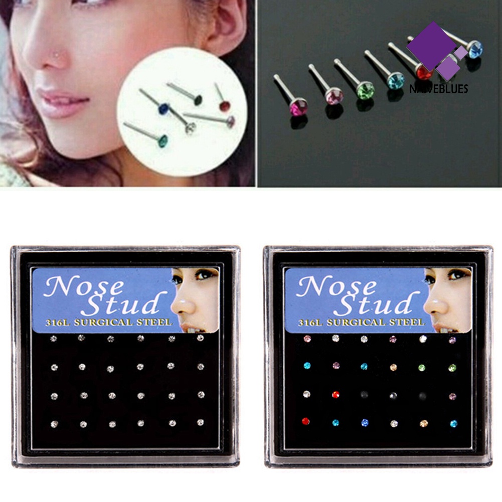 Naiveblue &gt; 12pasang Wanita Berlian Imitasi Bar Cincin Stainless Steel Tindik Hidung