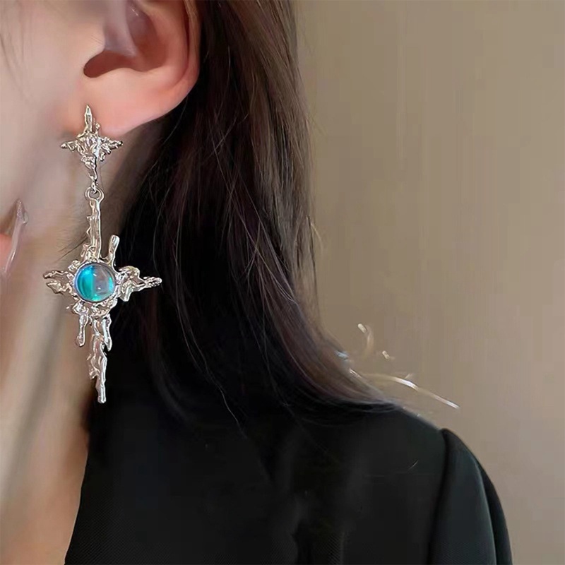 Tidak Teratur Logam Cair Salib Moonstone Menjuntai Anting-Anting Gadis Muda Tren Logam Salib Moonstone Tetes Anting-Anting