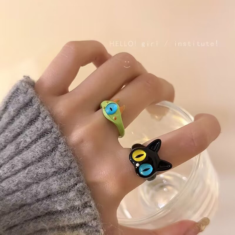 Cincin Monster Kecil Kucing Hitam Lucu Mata Besar Manis Keren Kartun Lucu Pacar Pasangan Cincin Hadiah Perhiasan