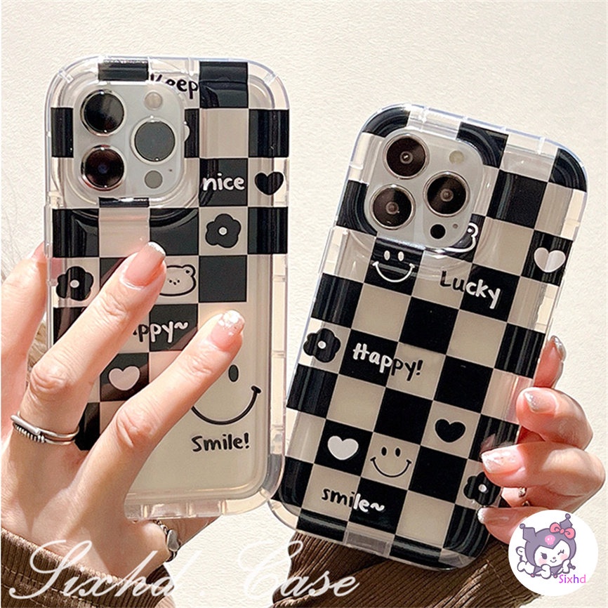 IPHONE Kompatibel Untuk Iphone14 13 12 11 Pro Max SE 2020 X Xr Xs Max8 7 6 6s Plus Ins Hitam Putih Check Smile Face AirBag Case Lembut Shockproof Cover Pelindung