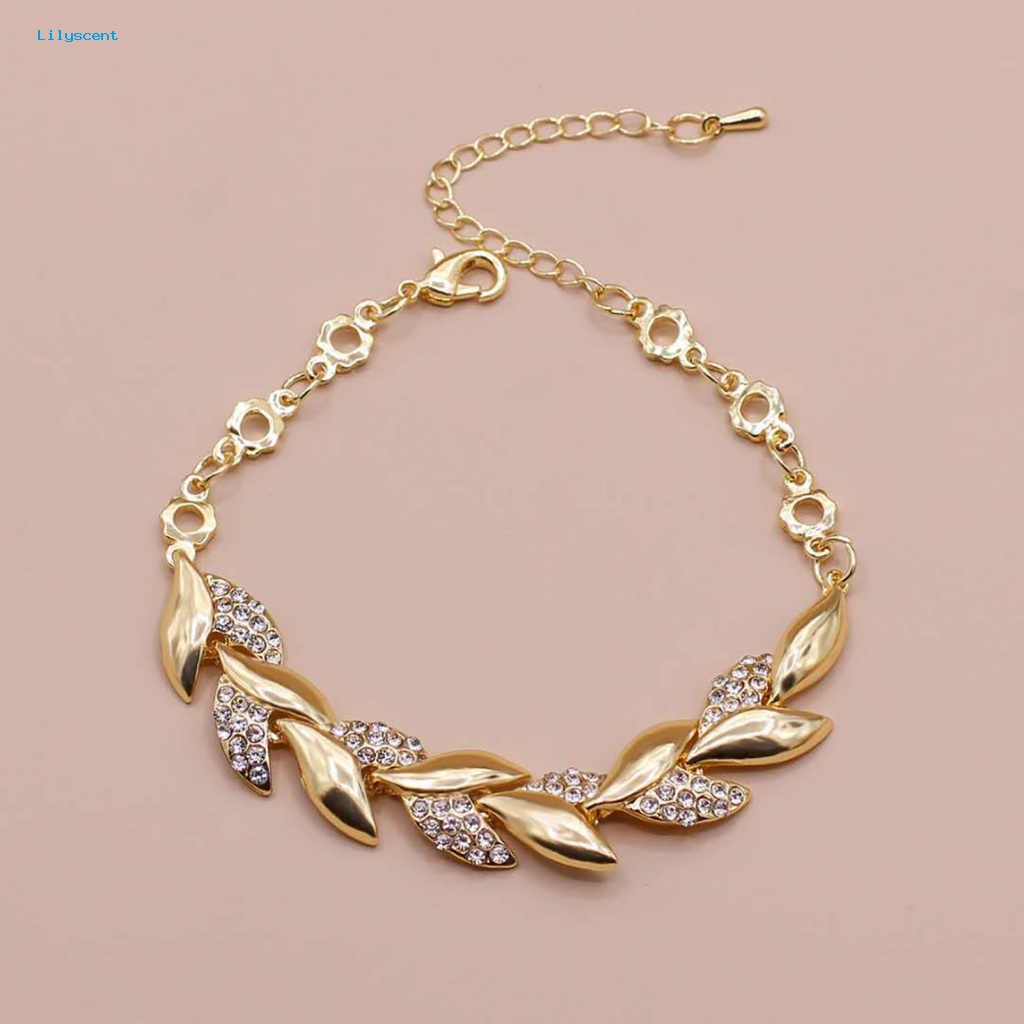 Lilyscent Adjustable Golden Leaves Gelang Berlian Imitasi Bangle Daun Elegan Untuk Wanita