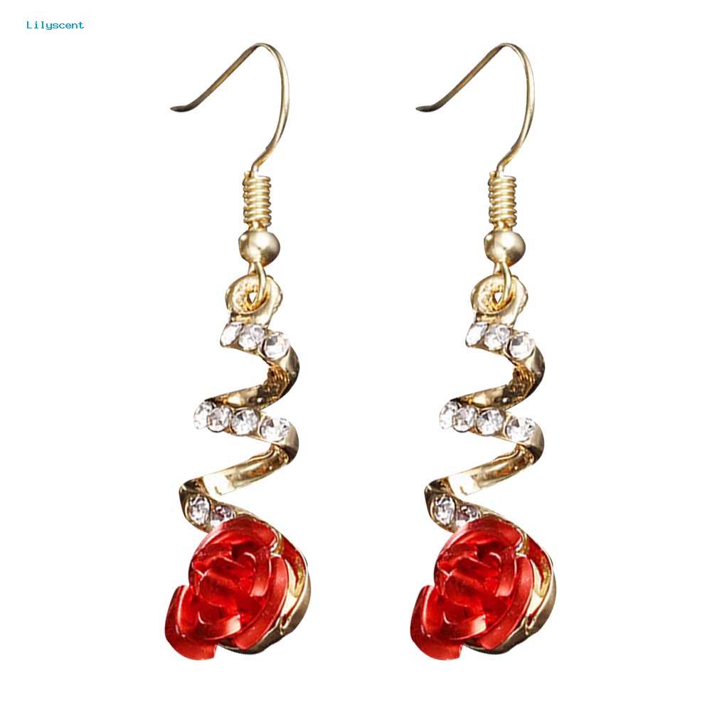 Lilyscent Wanita Fashion Merah Rose Drop Berlian Imitasi Spiral Menjuntai Kait Anting Perhiasan Hadiah