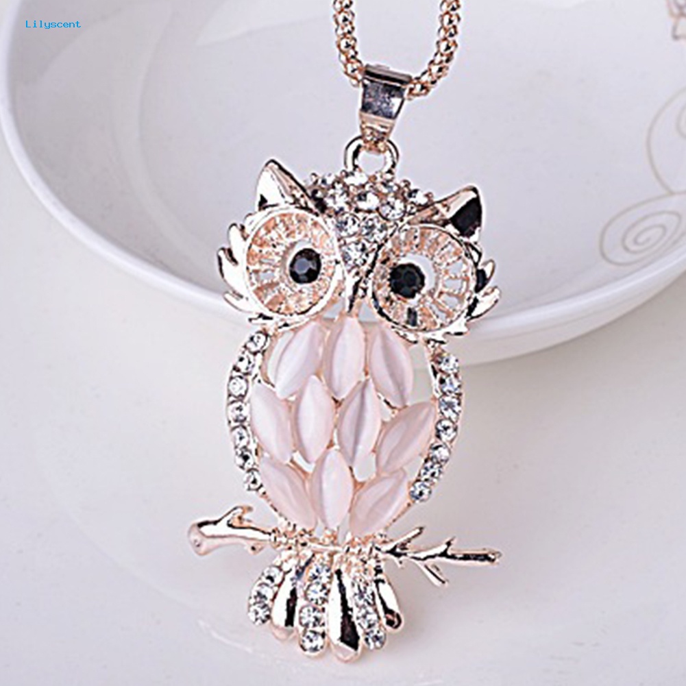 Lilyscent Elegan Wanita Berlian Imitasi Imitasi Opal Inlay Owl Pendant Kalung Pesta Perhiasan