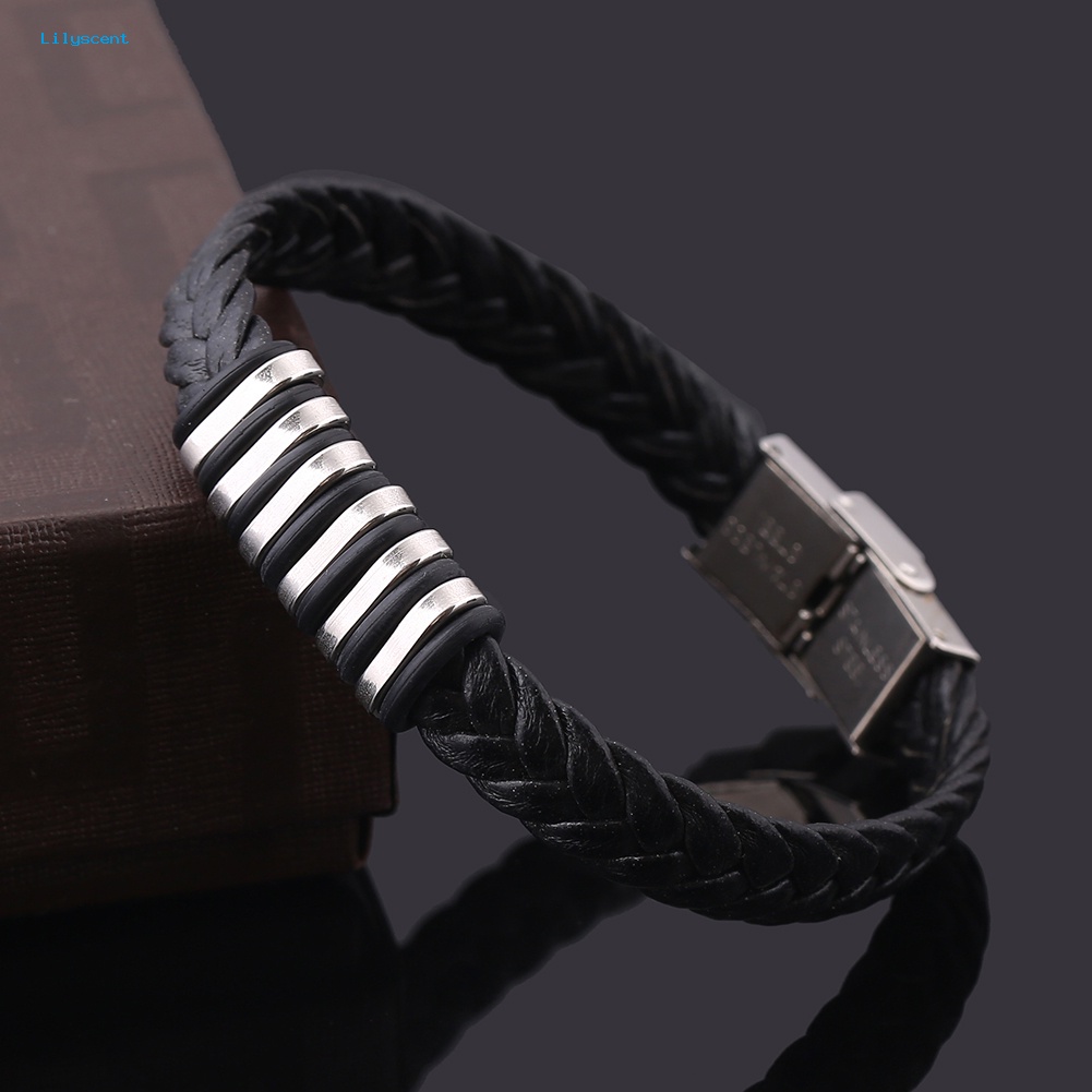 Lilyscent Dikepang Gelang Kulit Imitasi Baja Titanium Pria Gelang Punk Bangle Perhiasan