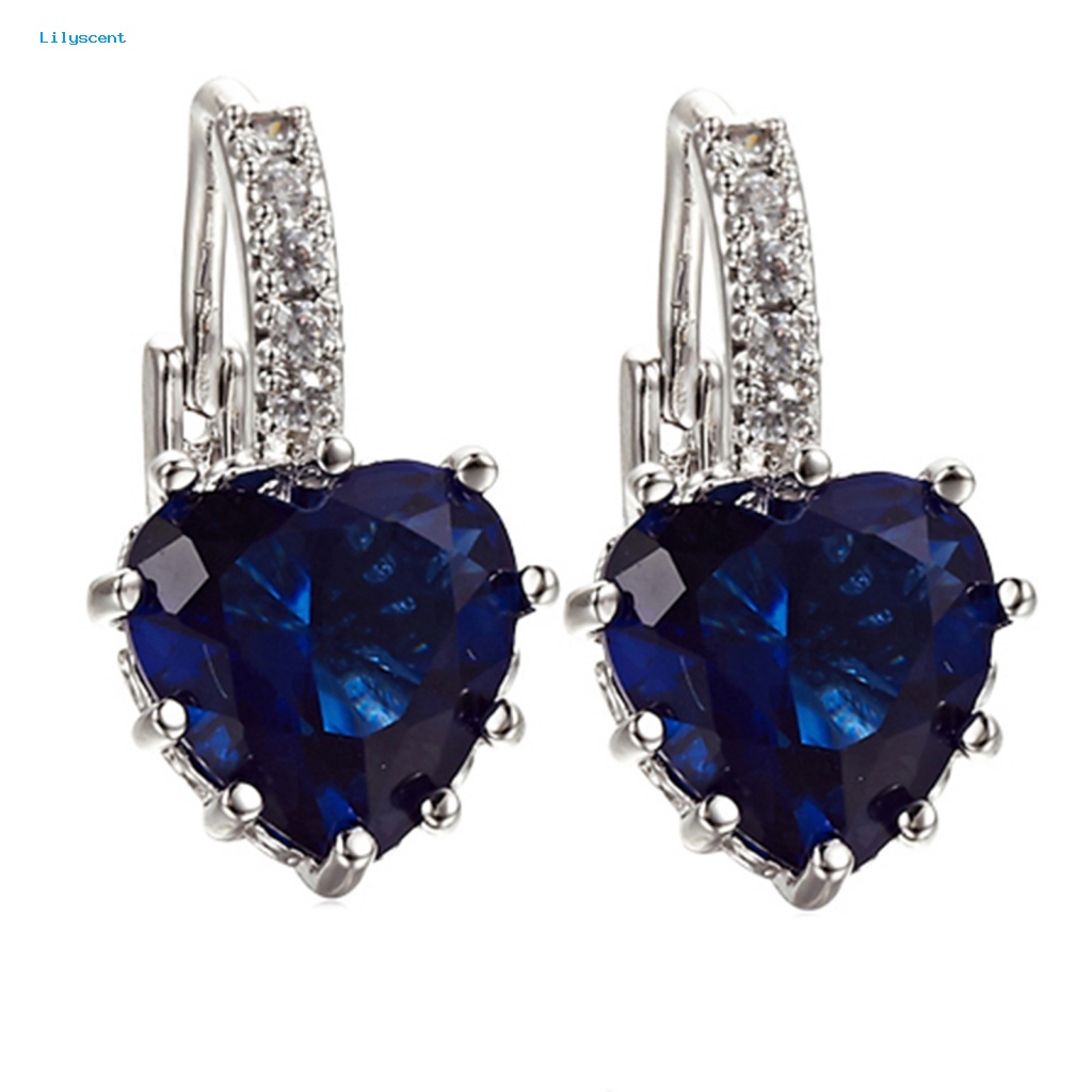 Lilyscent Women's 18K White Gold Plated Sapphire Blue Berlian Imitasi Jantung Leverback Earrings