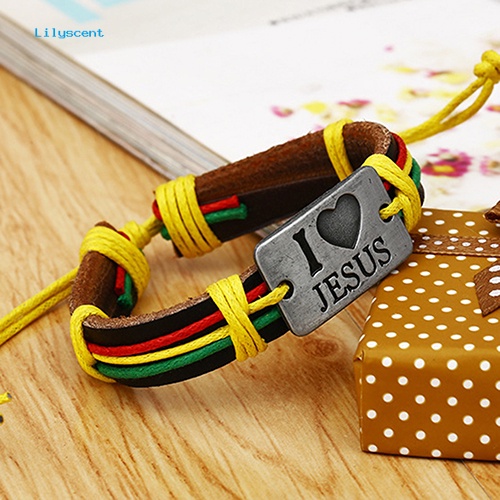 Lilyscent Unisex I LOVE JESUS Faux Leather Bangle Tali Rami Rantai Adjustable Bracelet