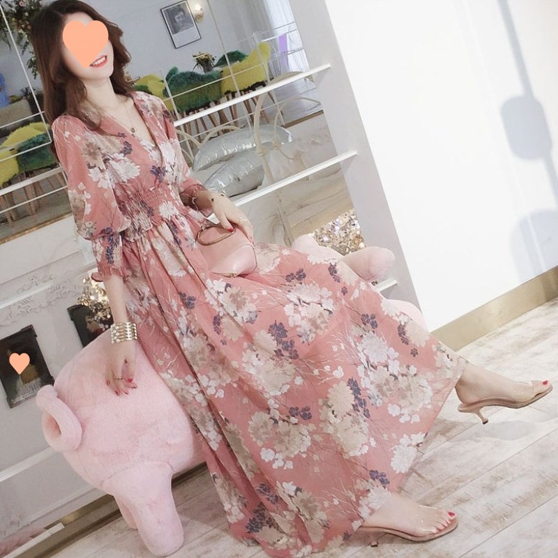 [K.Anissa] ✅Pengiriman 24 Jam Floral Maxi Dress Versi Korea Rok A-line Pinggang Tinggi Longgar Rok B