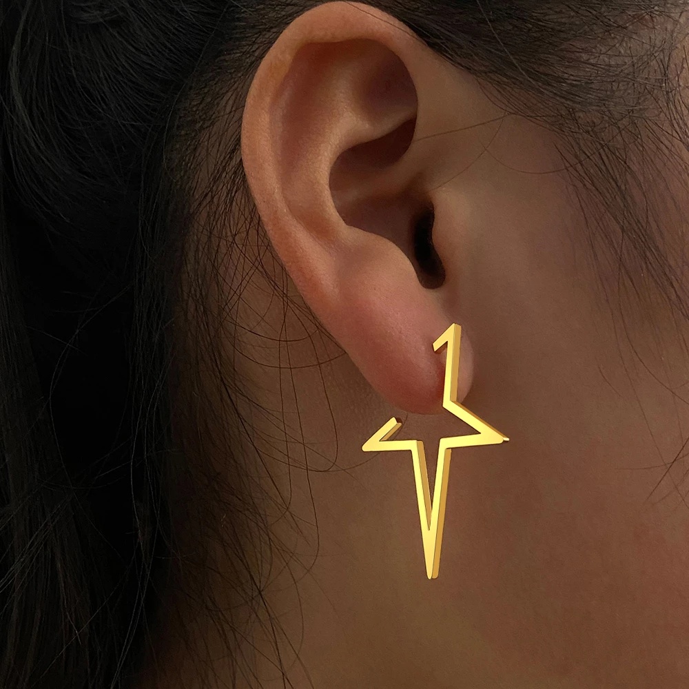 Punk Kerawang Stud Earrings Trendi Drop Earrings Stainless Steel Geometris Pentagram Anting Jalan Hip Hop Korea INS Gothic Berlebihan Bintang Besar Stud Earrings Wanita Gadis Pesta