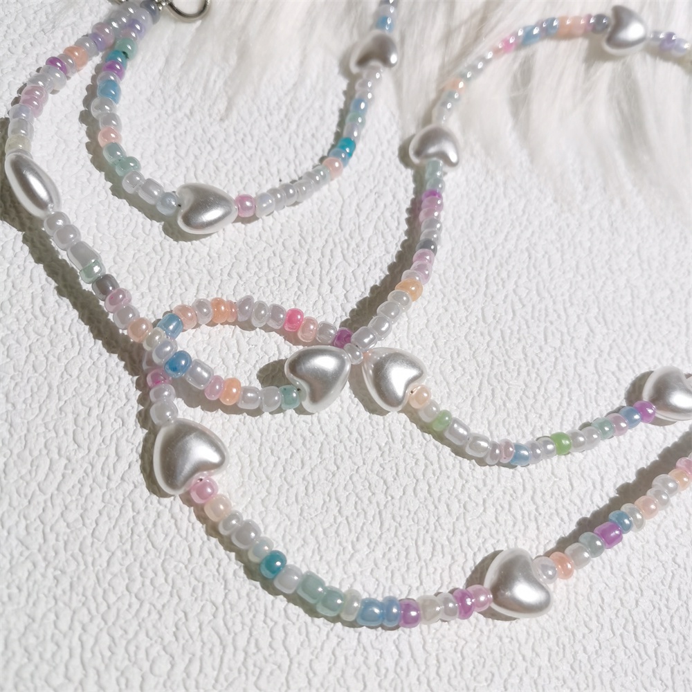 Beige Jantung Bahu Messenger Ponsel Rantai Panjang Anti-Hilang Akrilik Warna-Warni Manik Gantungan Kunci