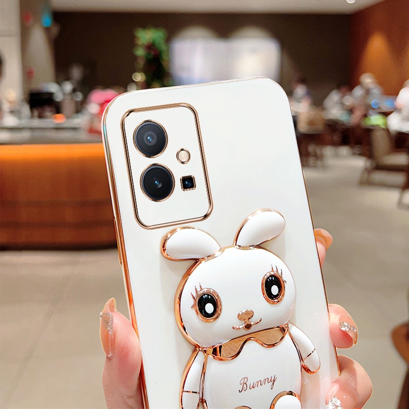 Andyh Case Ponsel Untuk Vivo Y75 5G Y33S 5G T1 5G IQOO Z6 5G Kartun Lucu Kelinci Kecil Tepi Lurus Soft Shell Mengirim lanyard Silikon