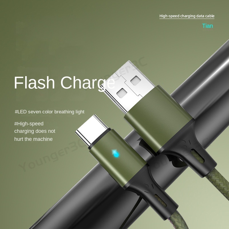 Lampu Pernafasan Warna-Warni Kabel Pengisian Cepat Anyaman Nilon 3A Flash Charging Kabel Data alloy Usb Ke Tipe-c Android ios Data Line