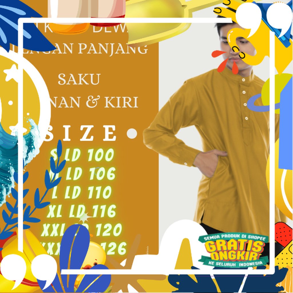 Baju Koko Kurta Dewasa Lengan Panjang Pria / Cowok Muslim Terbaru Jumbo Putih dll Polos COD S M L XL