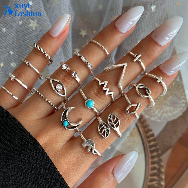 Set Cincin Spades Kepala Tengkorak Bunga Permata Vintage Butterfly Heart Moon Silver Rings Untuk Aksesoris Perhiasan Wanita