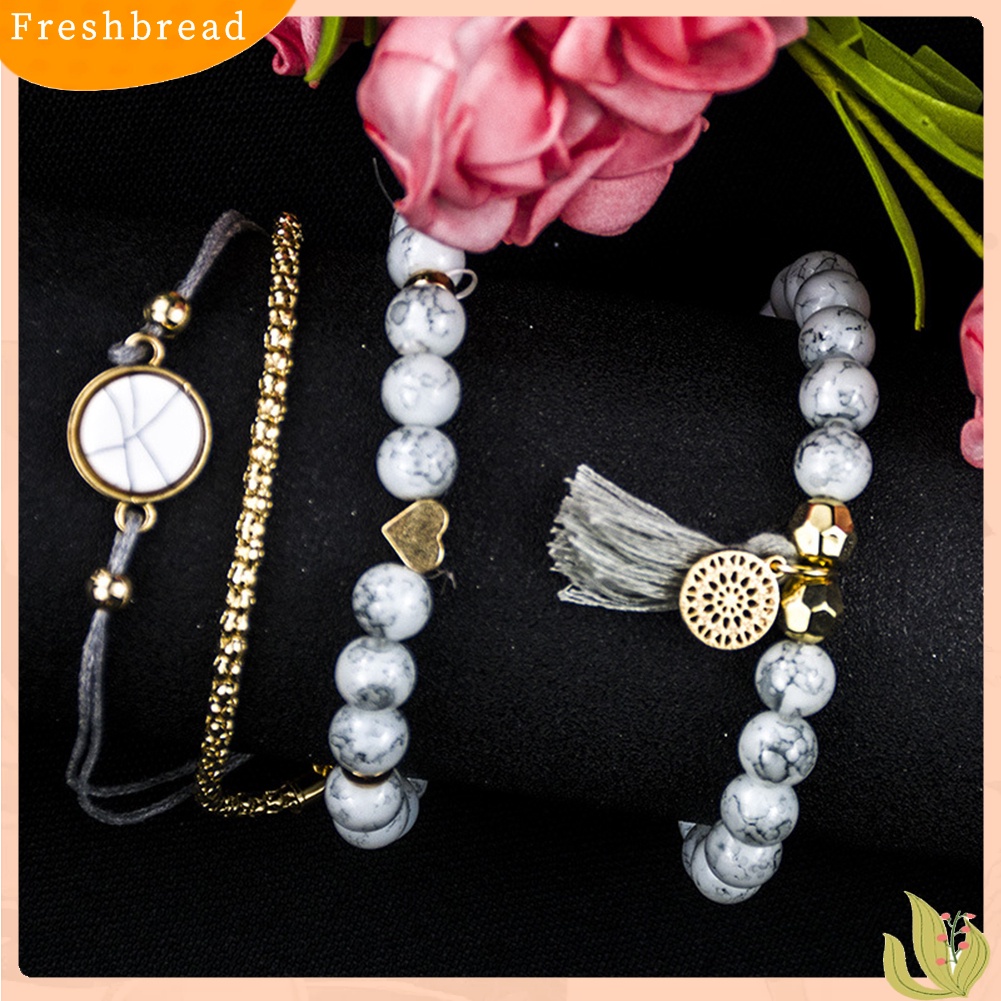 &lt; Freshbread &gt; 4Pcs Wanita Manik-Manik Pirus Imitasi Rumbai Pesona Gelang Bangle Set Perhiasan Hadiah