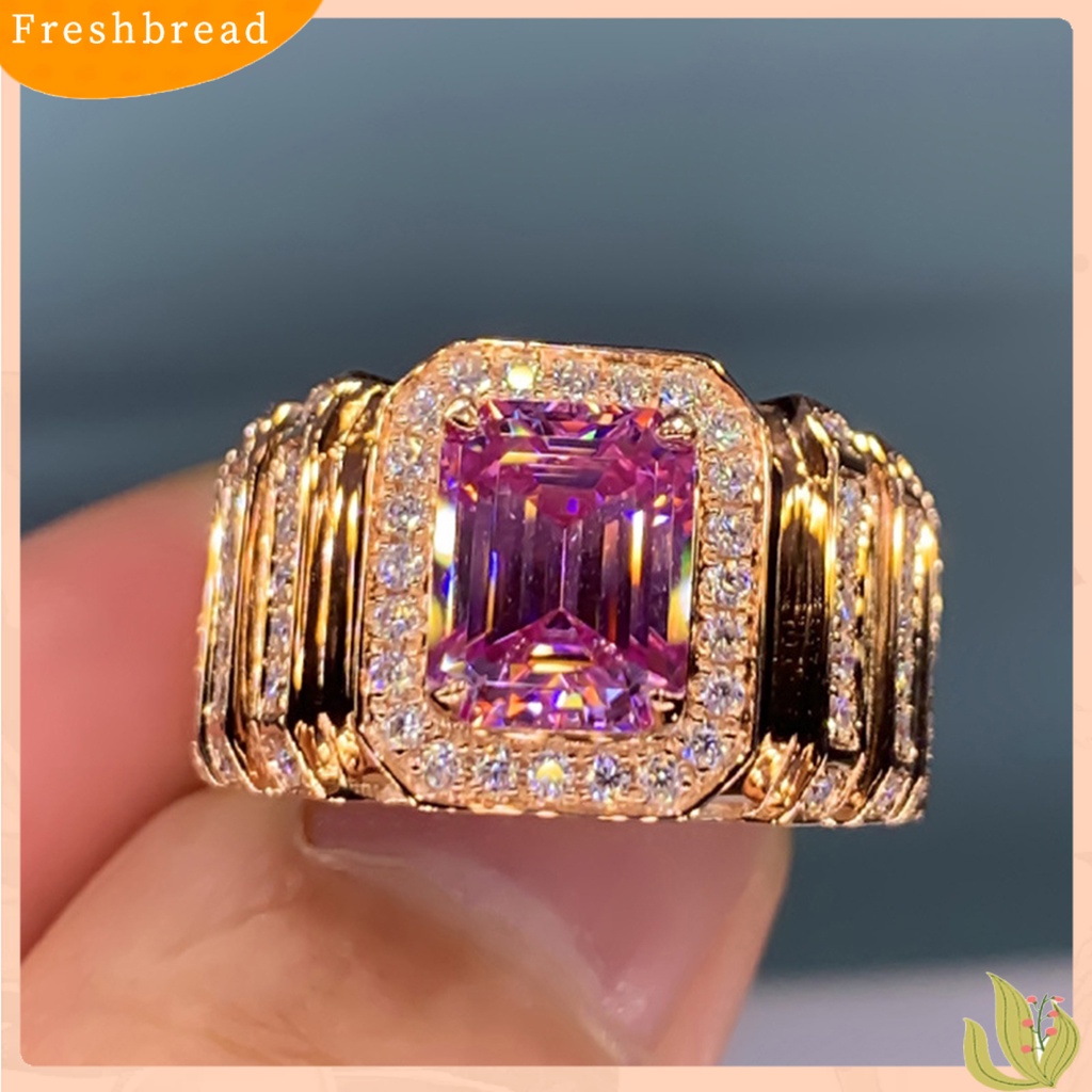 &lt; Freshbread &gt; Pengerjaan Halus Cincin Jari Tembaga Mulia Merah Muda Persegi Cubic Zirconia Pernikahan Band Perhiasan Aksesori