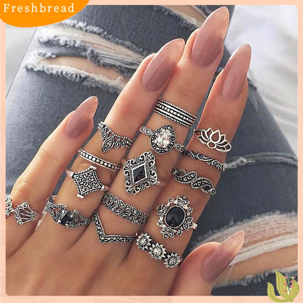 &lt; Freshbread &gt; 11 /13 /15Pcs Cincin Buku Jari Ukir Bunga Dapat Ditumpuk Alloy Bohemia Hitam Faux Permata Jari Rings Perhiasan Aksesori