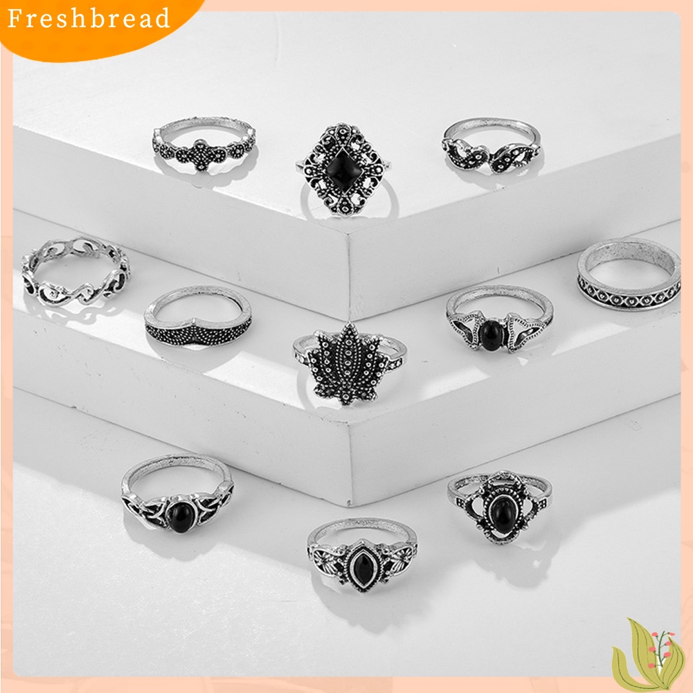 &lt; Freshbread &gt; 11Pcs Wanita Faux Gemstone Ukiran Hollow Waterdrop Lotus Finger Rings Perhiasan