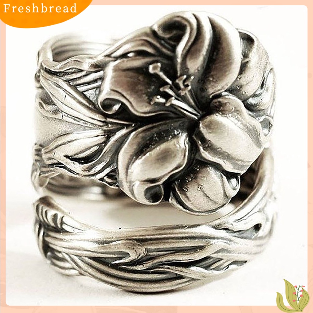 &lt; Freshbread &gt; Adjustable All-matched Warna Perak Wanita Cincin Buatan Tangan Ukir Bunga Pembukaan Cincin Perhiasan Alat Ekstra