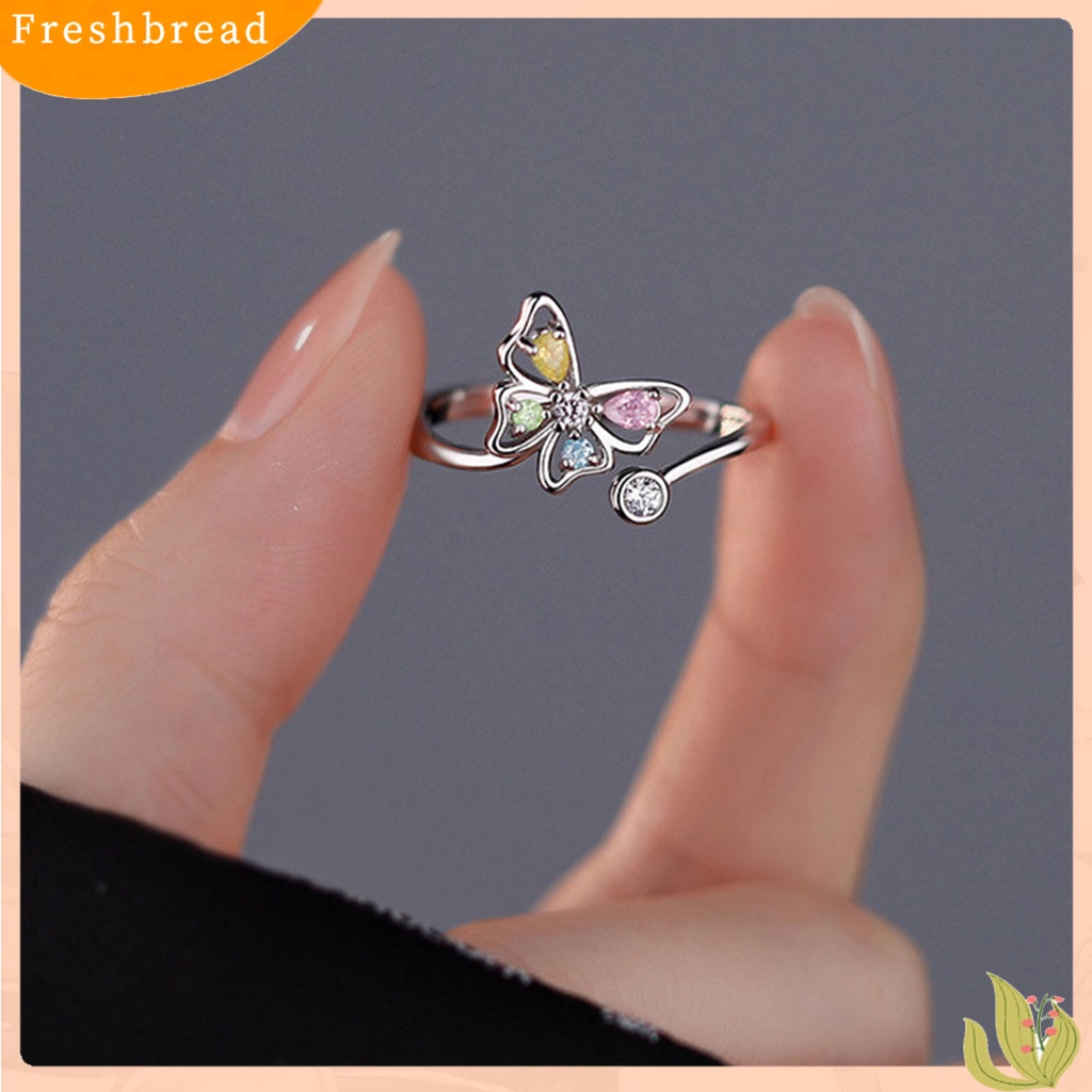 &lt; Freshbread &gt; Wanita Cincin Manis Warna-Warni Cubic Zirconia Open End Temperamen Bentuk Kupu-Kupu Hias Berlian Imitasi Jari Telunjuk Cincin Aksesoris Fashion