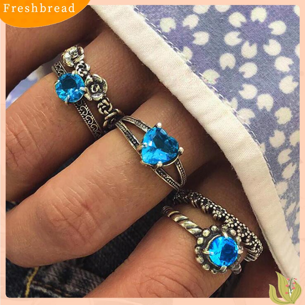 &lt; Freshbread &gt; 5Pcs/Set Retro Boho Berongga Bunga Hati Biru Berlian Imitasi Wanita Jari Rings